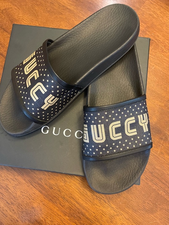 Gucci Shoes - GUCCI~519996 “Guccy” Slides, Black/Gold, Unisex